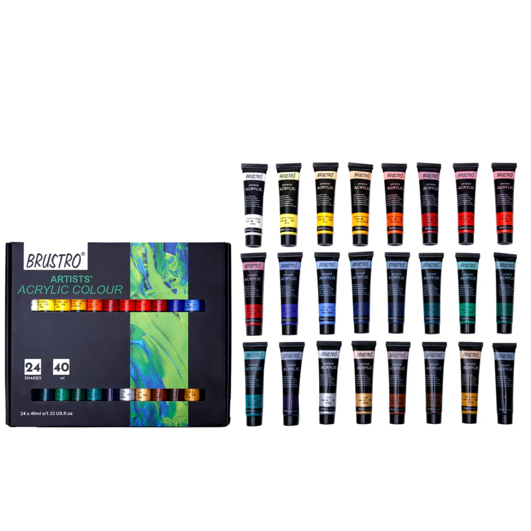 BRUSTRO Artists Acrylic Colour Paint   Set of 24, 40ml Color Tubes | Vibrant Shades,Soft Bodied,Water based,Non toxic,Inter mixable,Ideal for Paper,Canvas,Cardboard, Fine Art Students,Professionals