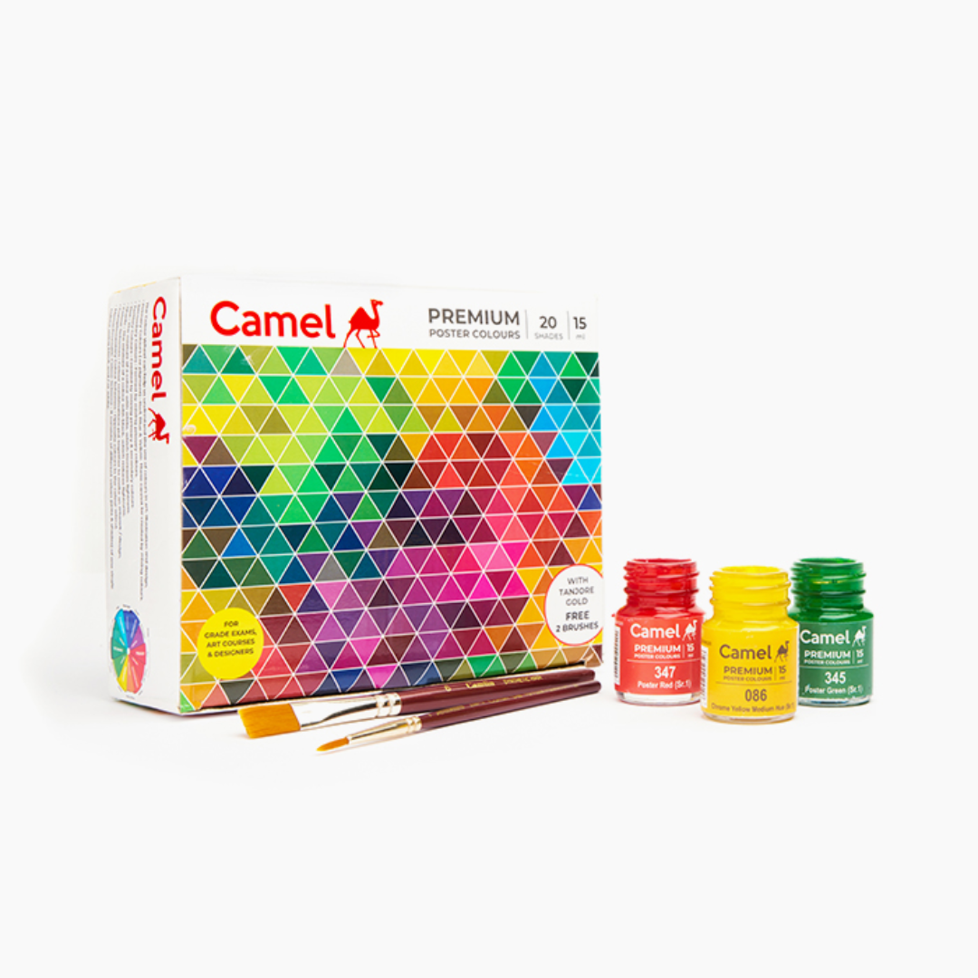 Camel  Premium  Poster  Colours  Assorted  pack  of  20  shades  in  15  ml  with  Brushes