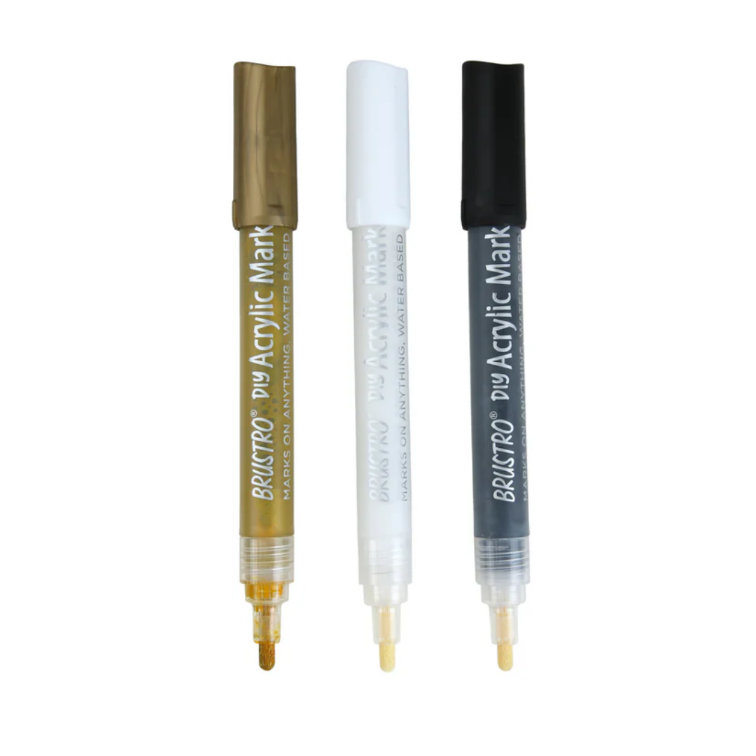 Brustro Acrylic (DIY) Marker Set of 3   Black, White & Gold
