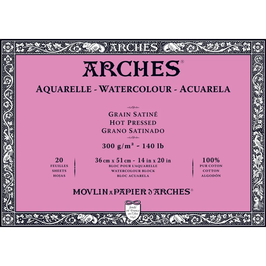 Arches Watercolour  Aquarelle   36 cm x 51 cm Natural White Satin Grain/Hot Press 300 GSM Paper, 4 Side Glued Pad of 20 Sheets