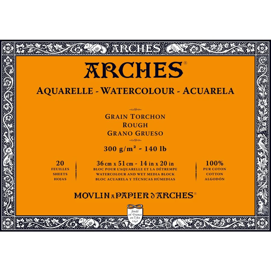 Arches Watercolour  Aquarelle   36 cm x 51 cm Natural White Rough Grain 300 GSM Paper, 4 Side Glued Pad of 20 Sheets