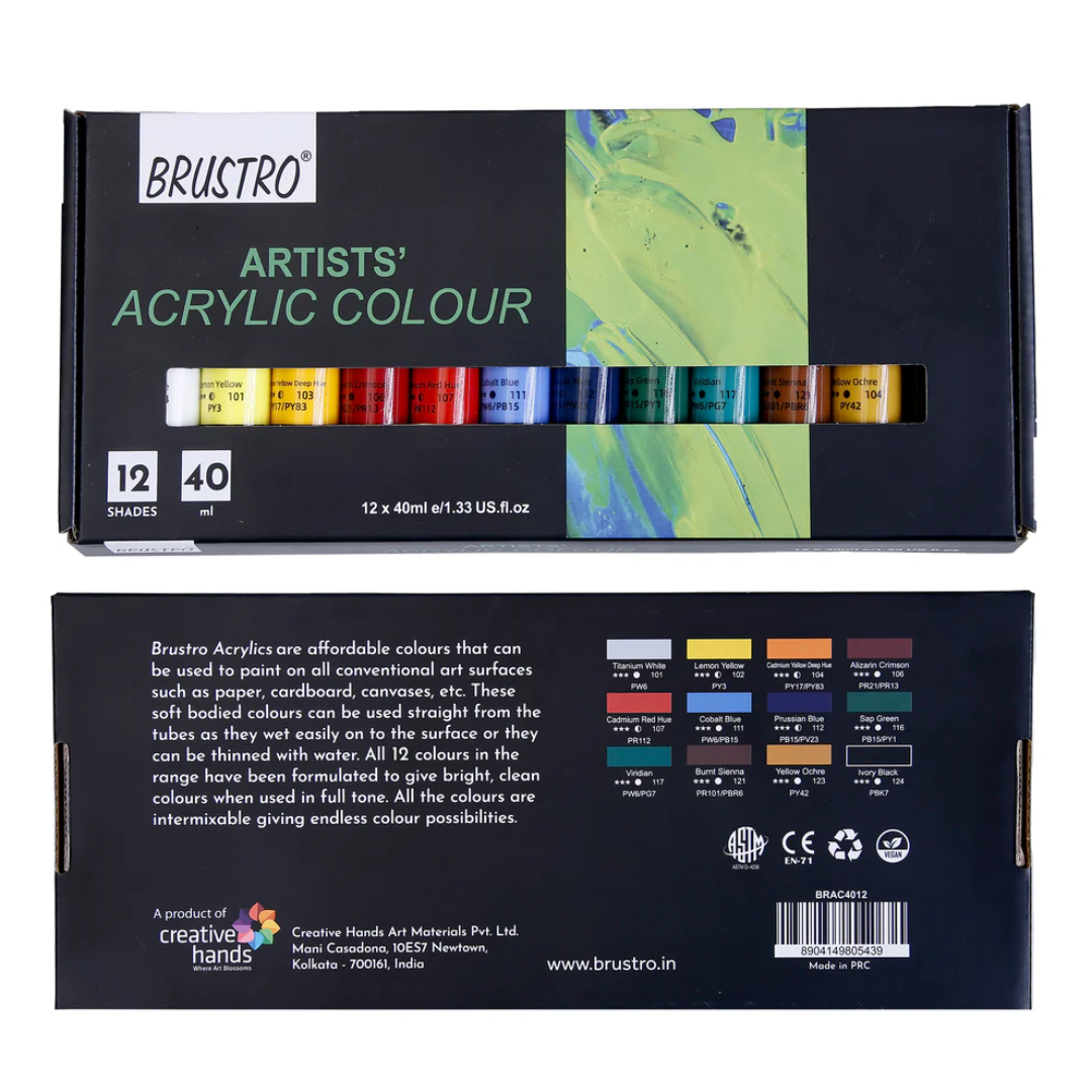 BRUSTRO Artists Acrylic Colour Paint   Set of 12, 40ml Color Tubes | Vibrant Shades,Soft Bodied,Water based,Non toxic,Inter mixable,Ideal for Paper,Canvas,Cardboard, Fine Art Students,Professionals