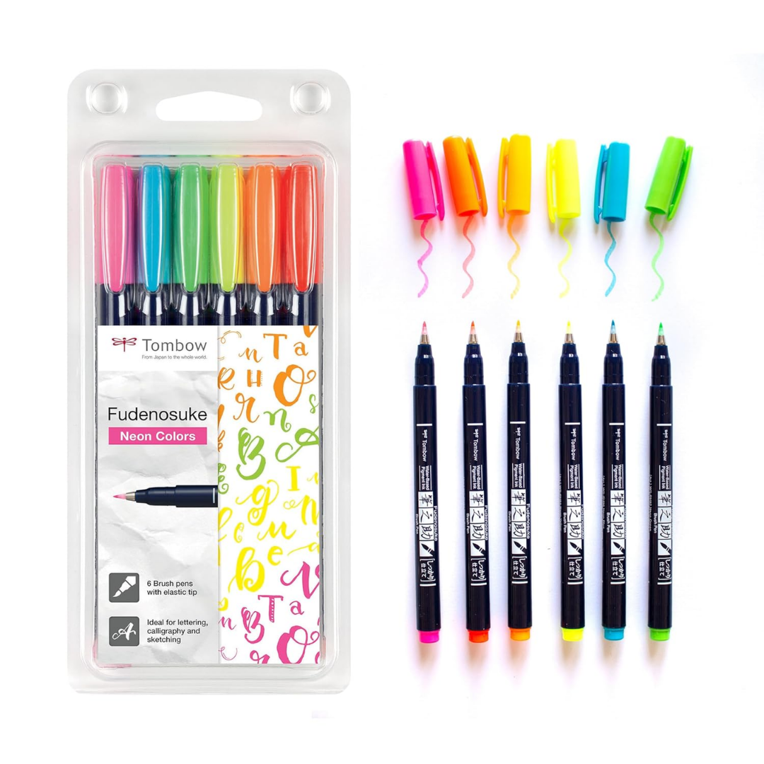Tombow Fudenosuke Neon Brush Pen, 6 Pack