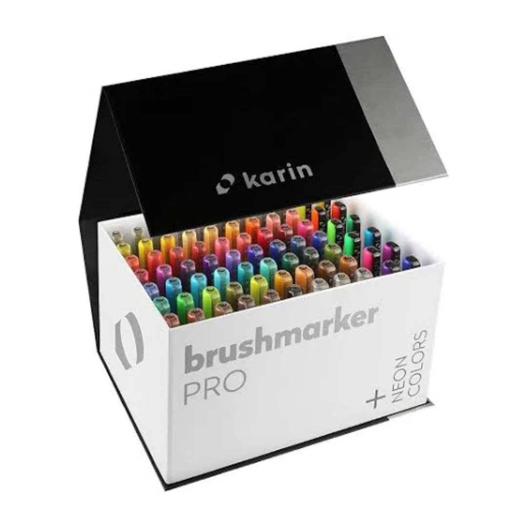 Karin Brushmarker PRO   Water Based   Brush Tip   Mega Box Set of 72 Colours + 3 Blender