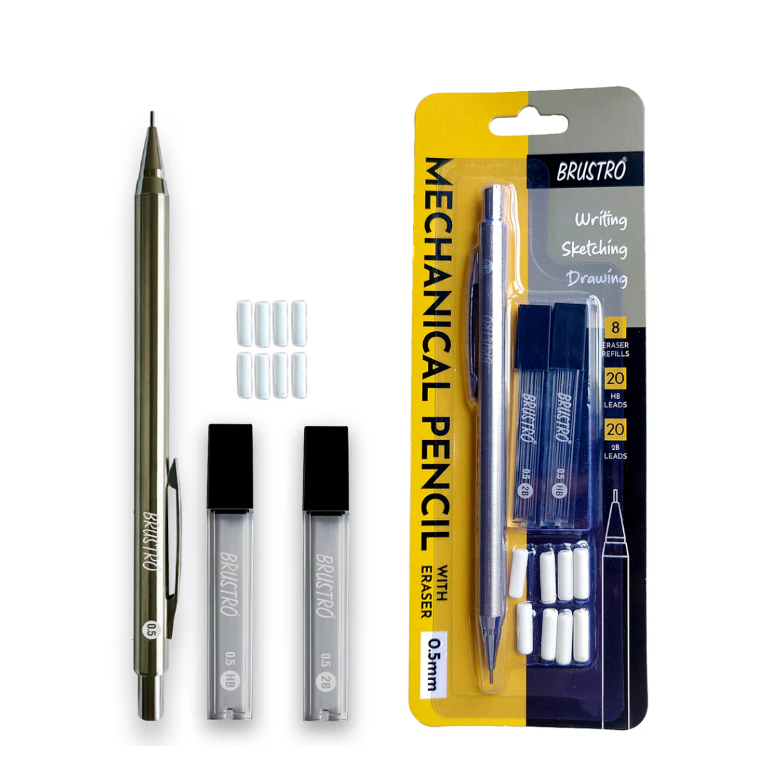 BRUSTRO Mechanical Pencil with Eraser 0.5mm Writing/Sketching/Drawing Spare leads HB 20 units. 2B 20 units Spare eraser  8 units