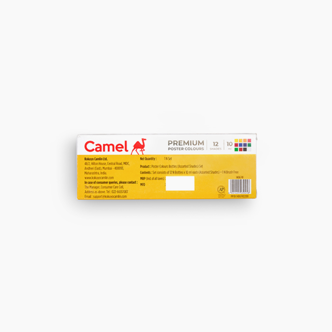 Camel  Premium  Poster  Colours  Assorted  pack  of  12  shades  in  10  ml ,  Brush Free