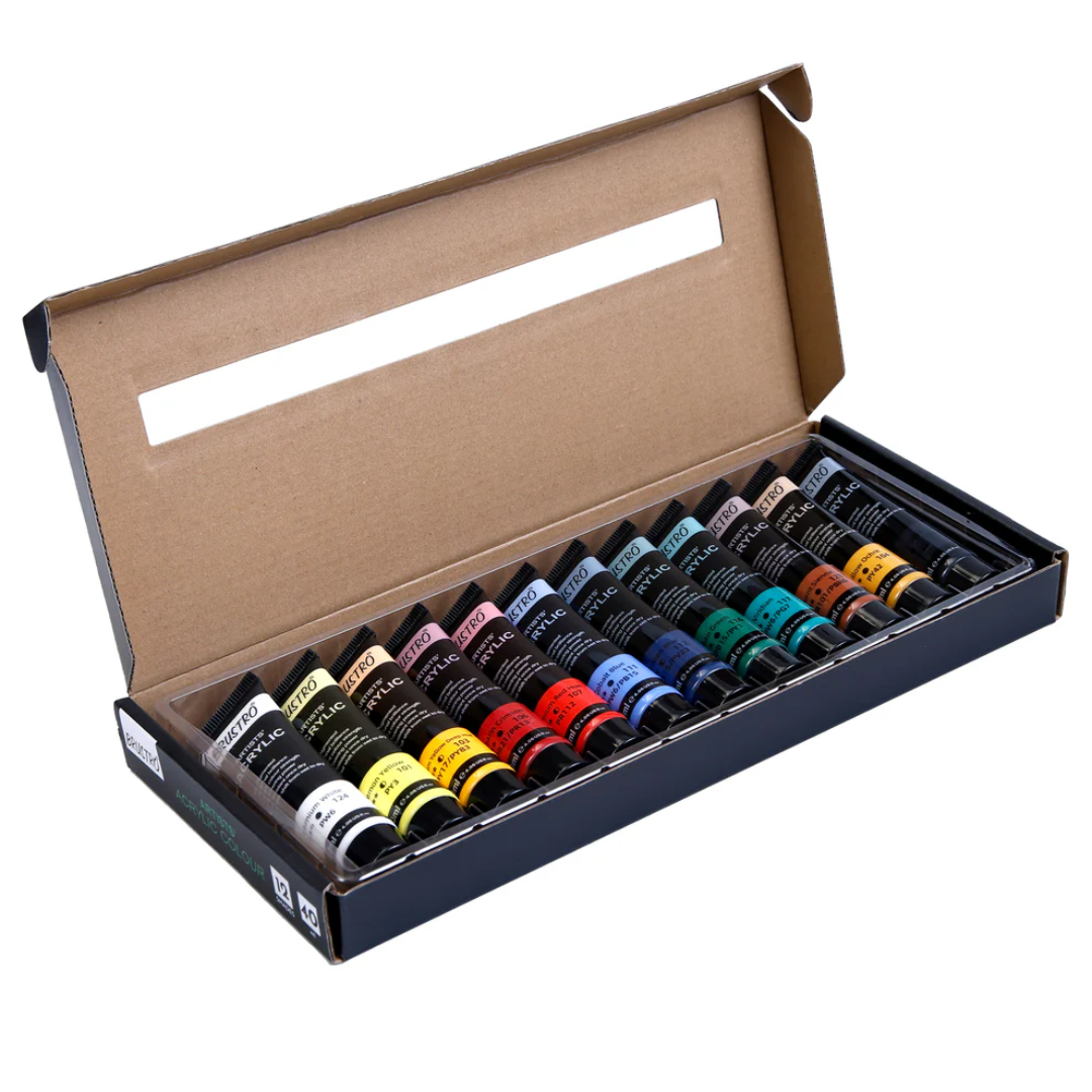 BRUSTRO Artists Acrylic Colour Paint   Set of 12, 40ml Color Tubes | Vibrant Shades,Soft Bodied,Water based,Non toxic,Inter mixable,Ideal for Paper,Canvas,Cardboard, Fine Art Students,Professionals