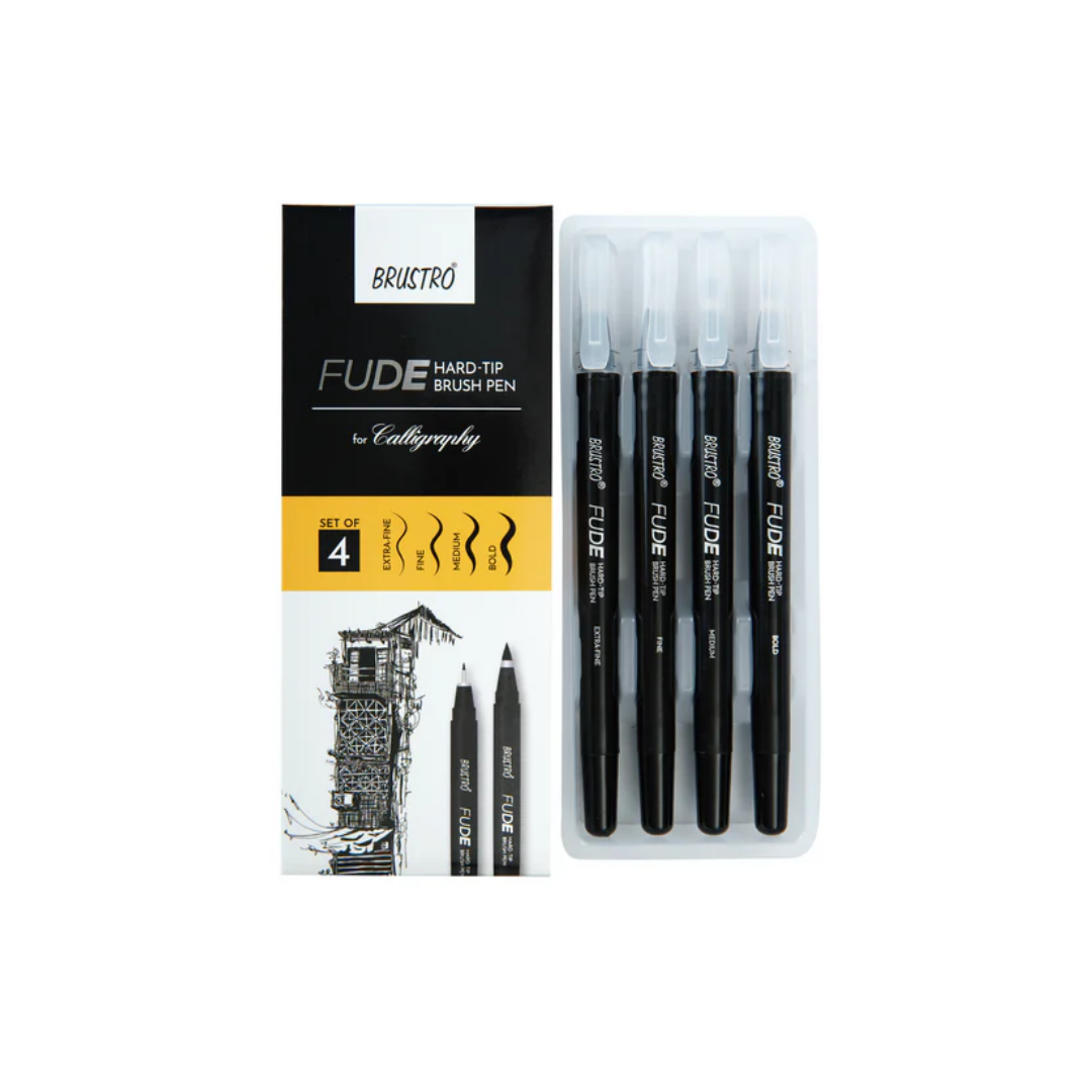 Brustro Fude Hard tip Black Ink Brush Pen Set of 4. (Extra fine/Fine/Medium/Bold)