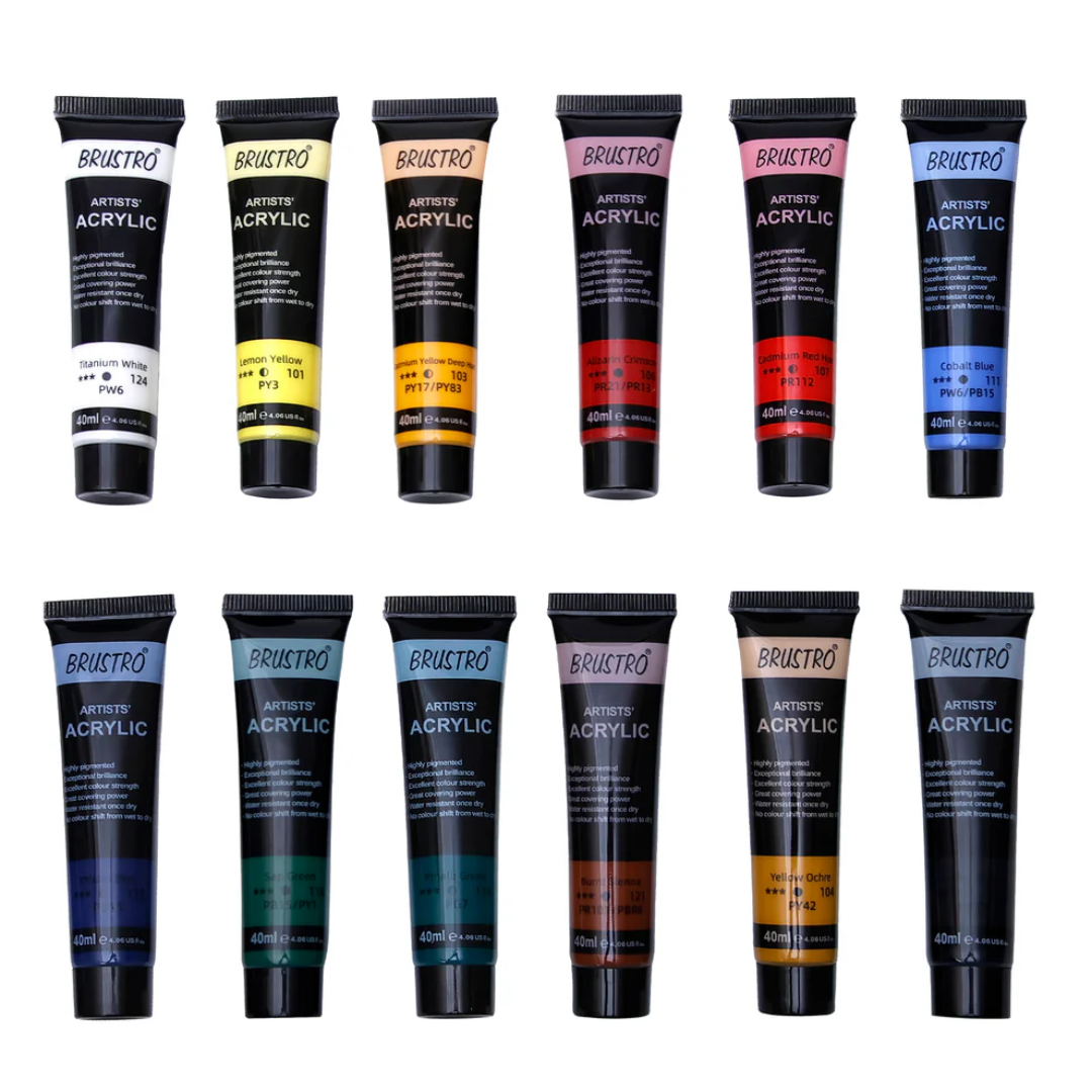 BRUSTRO Artists Acrylic Colour Paint   Set of 12, 40ml Color Tubes | Vibrant Shades,Soft Bodied,Water based,Non toxic,Inter mixable,Ideal for Paper,Canvas,Cardboard, Fine Art Students,Professionals