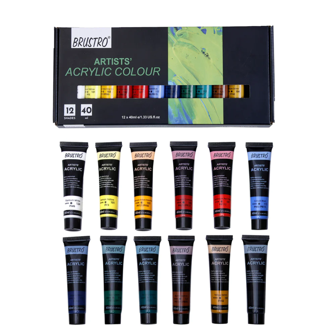 BRUSTRO Artists Acrylic Colour Paint   Set of 12, 40ml Color Tubes | Vibrant Shades,Soft Bodied,Water based,Non toxic,Inter mixable,Ideal for Paper,Canvas,Cardboard, Fine Art Students,Professionals