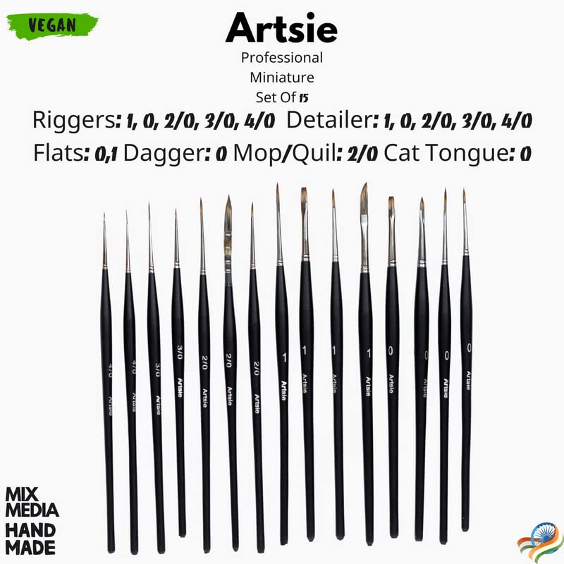 Stationerie Vegan Handmade Mini Detailer, Miniature, Liner, Miniliners Brush Set of 15 Vegan , Handmade, Artists' Quality with Brush Holder for Professional Artist Premium Handmade Paintbrush Set