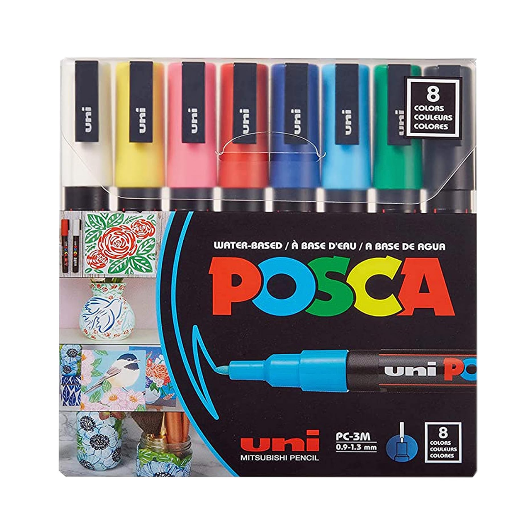Posca 3M 0.9 1.3 mm Bullet Shaped Paint Marker Pen | Reversible & Washable Tips | For Rocks Painting, Fabric, Wood, Canvas, Ceramic, Scrapbooking, DIY Crafts | 8 Shades, Pack of 8
