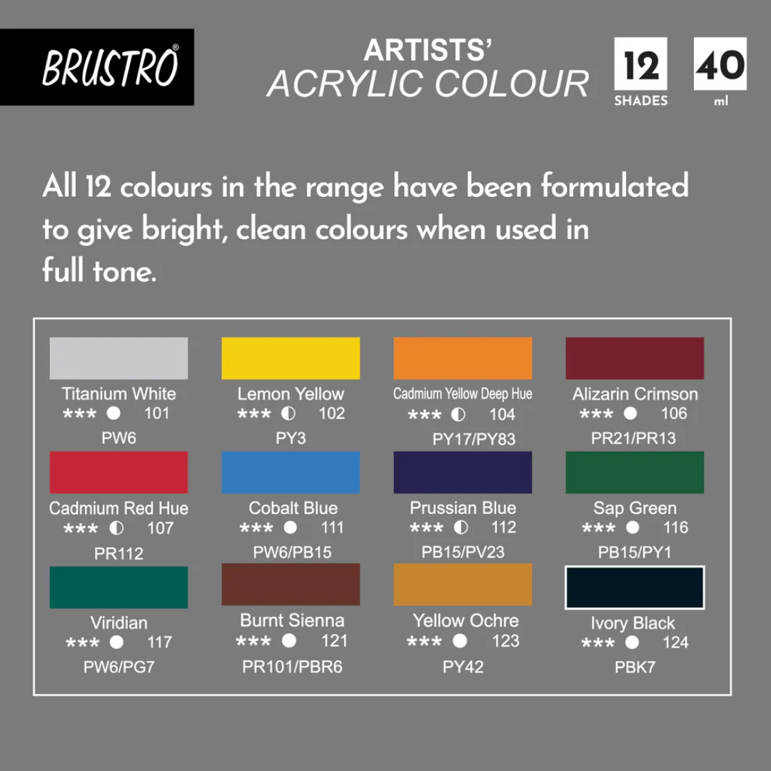 BRUSTRO Artists Acrylic Colour Paint   Set of 12, 40ml Color Tubes | Vibrant Shades,Soft Bodied,Water based,Non toxic,Inter mixable,Ideal for Paper,Canvas,Cardboard, Fine Art Students,Professionals