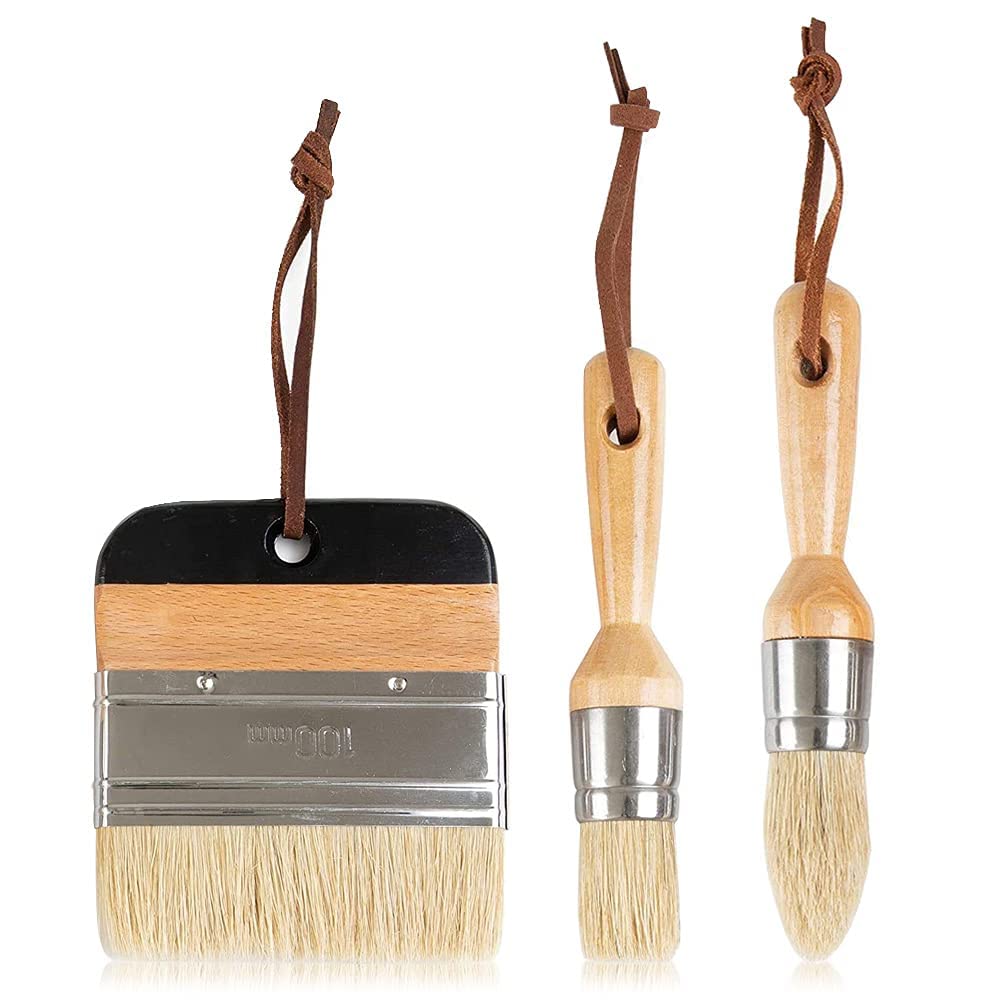 Stationerie 3 Pieces Chalk and Wax Paint Brushes Bristle Stencil Brushes for Wood Furniture Home Decor, Including Flat Pointed and Round Chalked Paint Brushes
