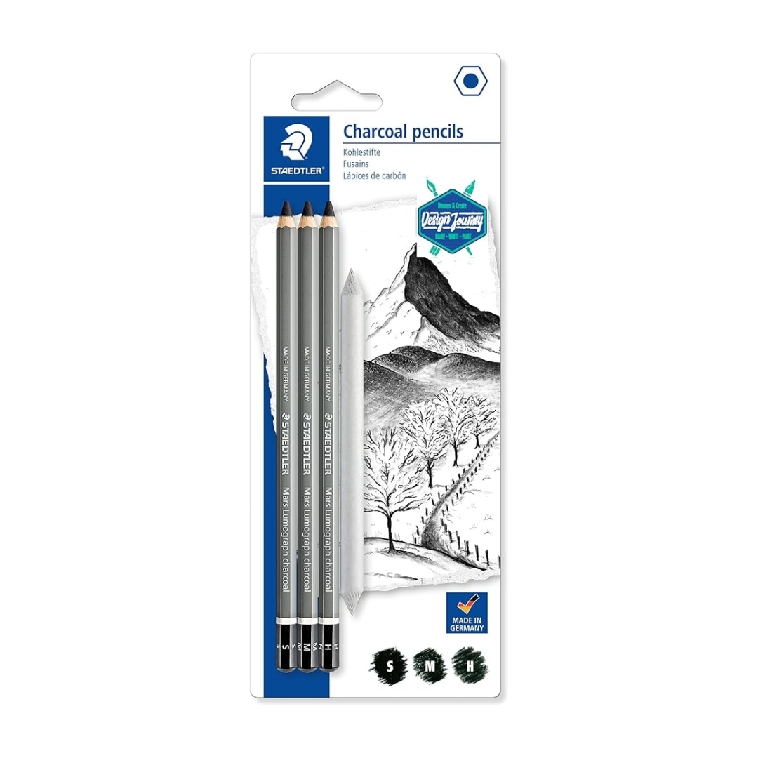 STAEDTLER Mars Lumograph Charcoal Pencils, Blister Pack of 3 Charcoal Pencils (H, M, S) + 1 Blending Stump No. 4