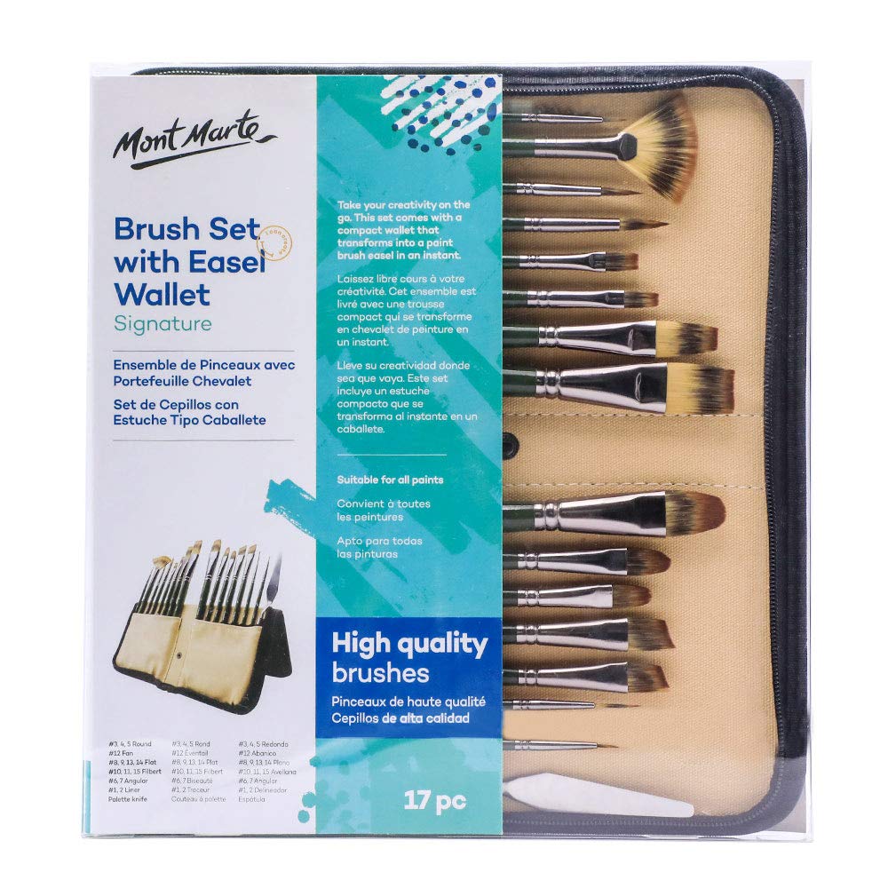 Mont Marte Signature Brush Set with Wallet, 17 Piece, Suitable for Oil, Acrylic, Watercolor and Gouache Paint, Easel Wallet