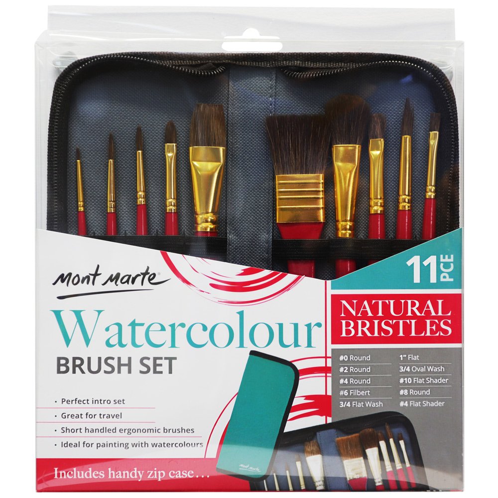 Mont Marte Mixed Bristle Brush Set in Wallet for Watercolor Painting (Set of 10 brush + Brush holder bag), Maroon