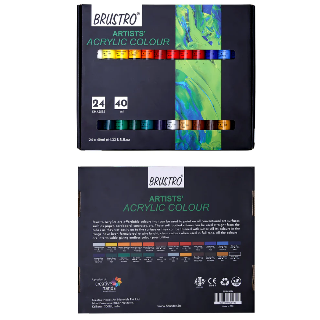 BRUSTRO Artists Acrylic Colour Paint   Set of 24, 40ml Color Tubes | Vibrant Shades,Soft Bodied,Water based,Non toxic,Inter mixable,Ideal for Paper,Canvas,Cardboard, Fine Art Students,Professionals