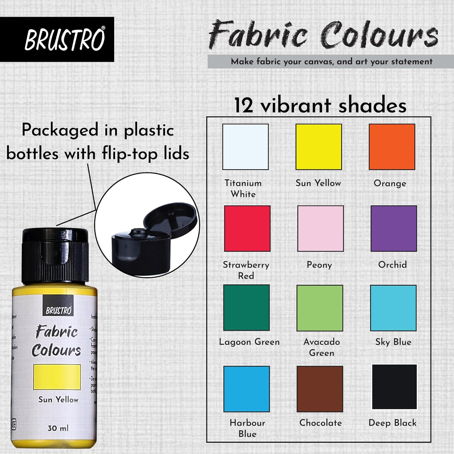 Brustro Artists Fabric Colours Set of 12 30ml Paint Bottles