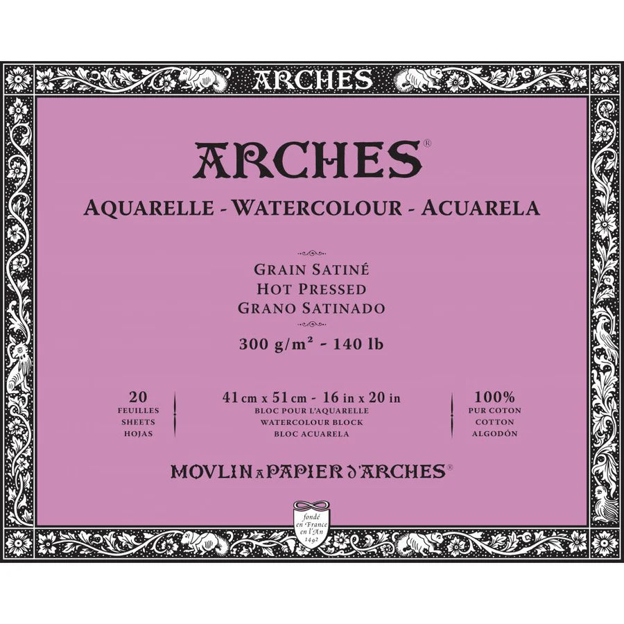 Arches Watercolour 300 GSM Hot Pressed Natural White 41 x 51 cm Paper Blocks, 20 Sheets