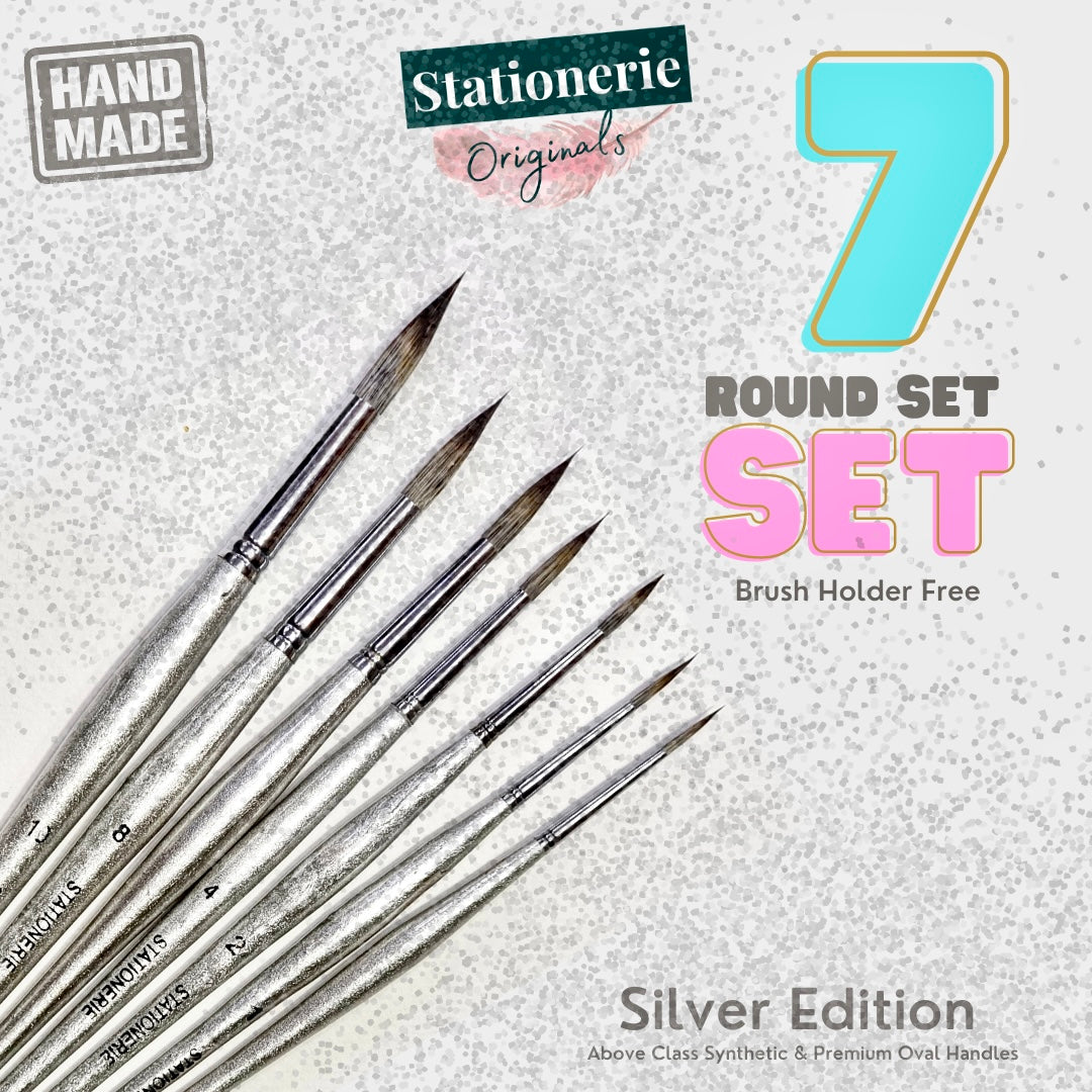 Stationerie Handmade Synthetic Round Set Of 7 Metallic SILVER (Above Class New Synthetic & Premium Oval Handle/Grip)