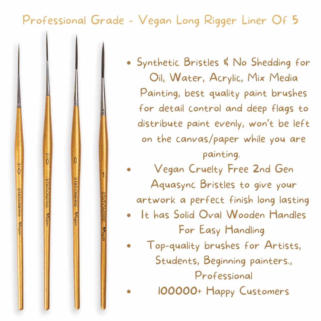 Stationerie Signature Synthetic Handmade Long Bristle Liner Set Of 4 Gold Edition (Premium Oval Handles)
