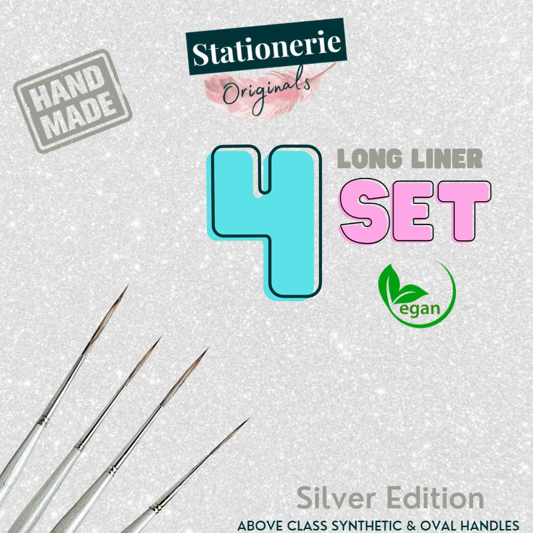 Stationerie Signature Synthetic Handmade Long Bristle Liner Set Of 4 Silver Edition (Premium Above Class Synthetic & Oval Handles)