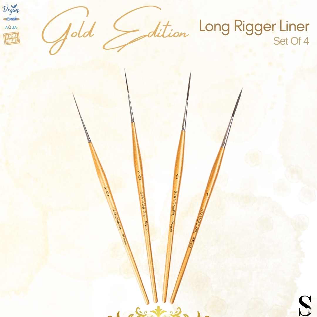 Stationerie Signature Synthetic Handmade Long Bristle Liner Set Of 4 Gold Edition (Premium Oval Handles)