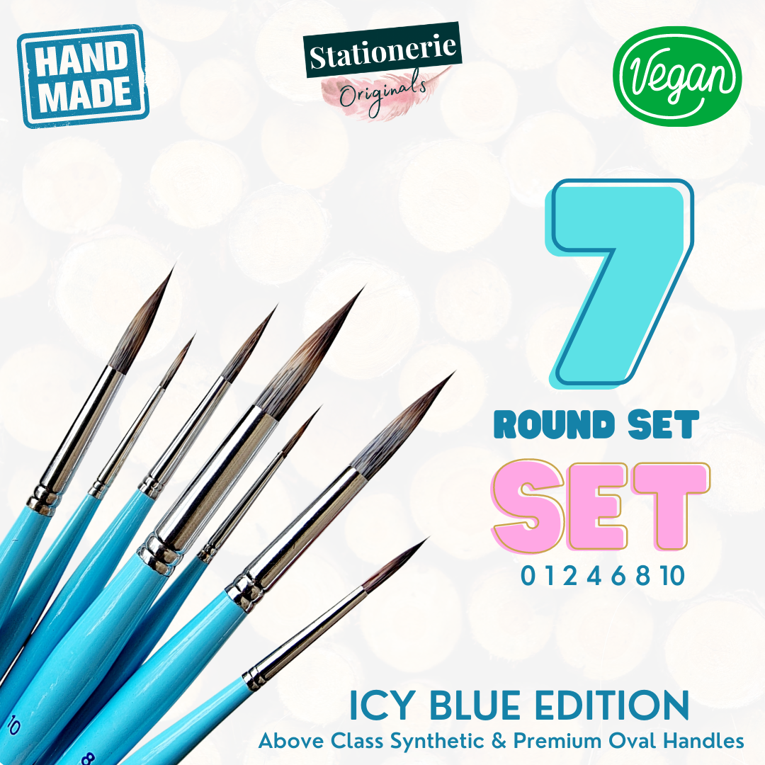Stationerie Signature Synthetic Handmade Round Set Of 7 Icy Blue Edition (Premium Oval Grip & Above Class Synthetic))