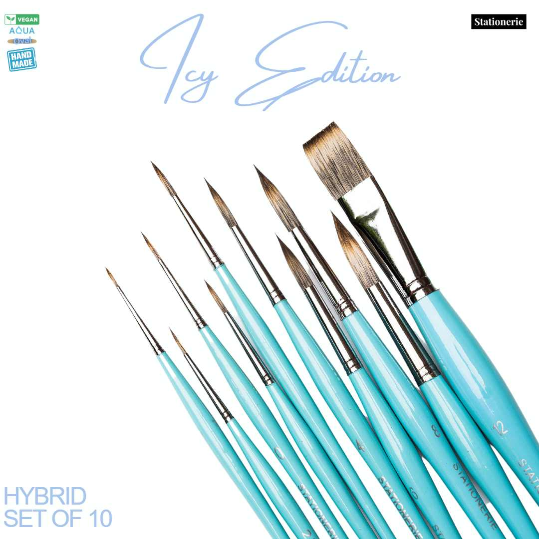 Stationerie Handcrafted Signature Hybrid Set Of 10 Icy Blue (2nd Gen Aquasync Bristle & Oval Grip Handle)
