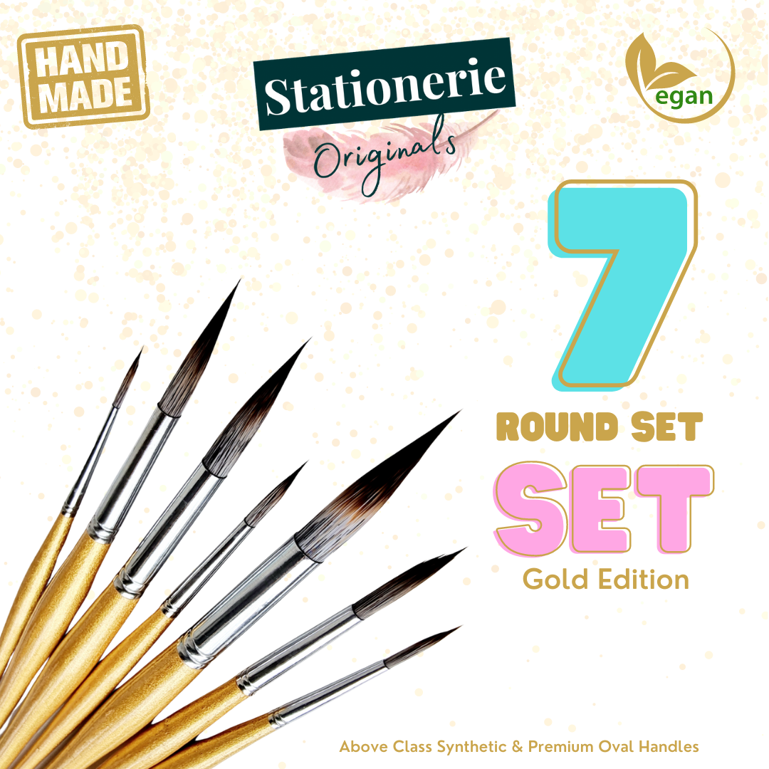 Stationerie Handmade Synthetic Round Set Of 7 GOLD (Above Class New Synthetic & Premium Oval Handle/Grip)