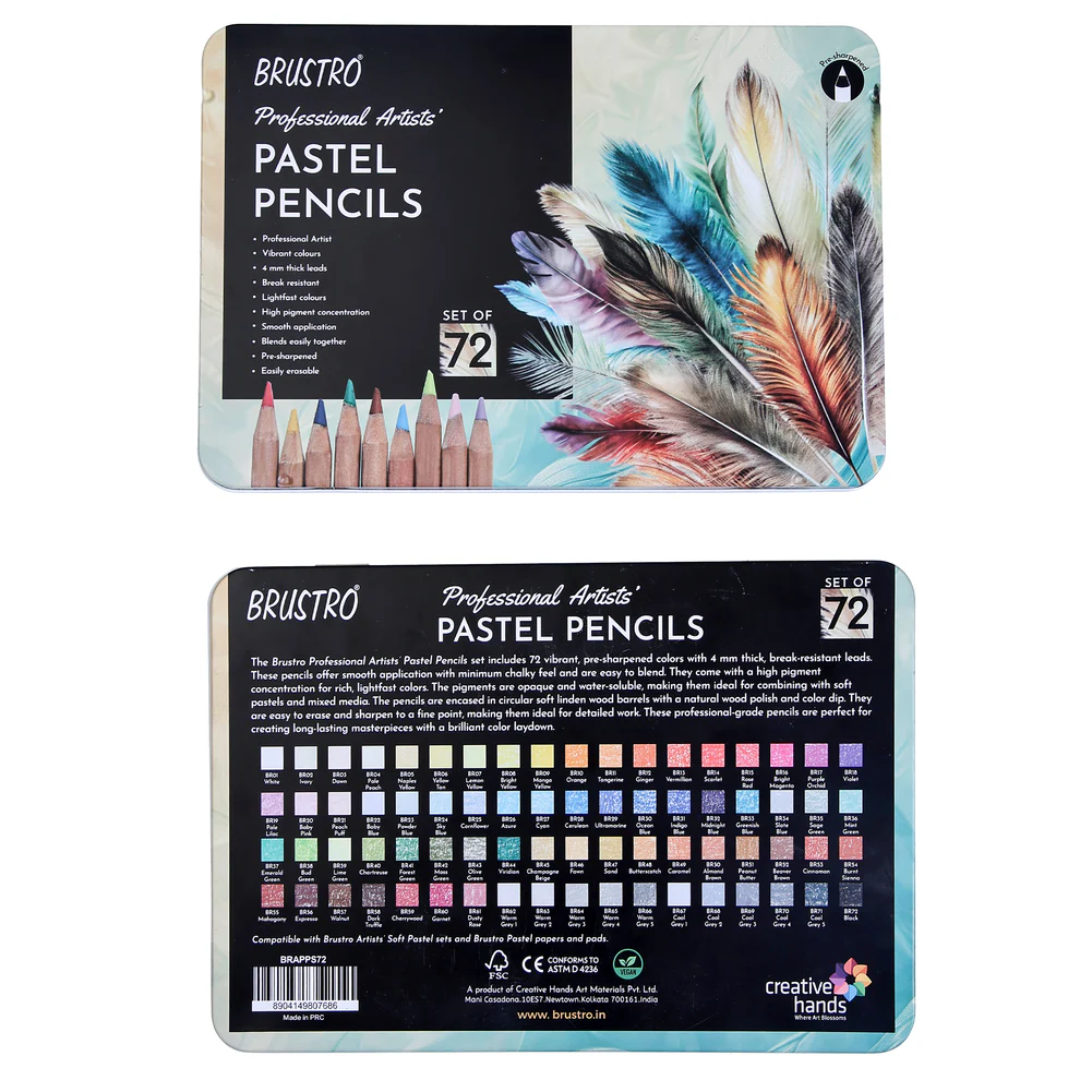 BRUSTRO Artists Pastel Pencils   Set of 72 Shades   4mm Lead | Break Resistant, Erasable, High Pigmented, Vibrant Colours