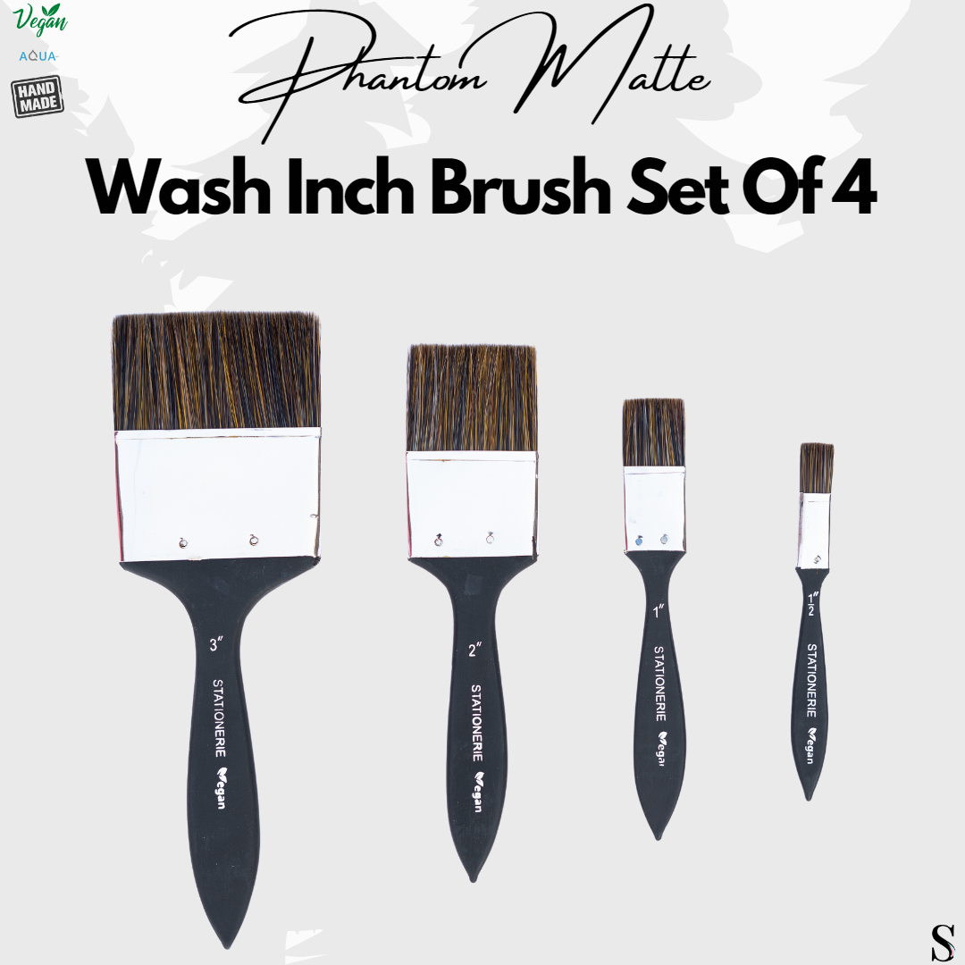 Stationerie 2nd Gen Vegan Inch Wash Brush Set Of 4 ( 3'' , 2'', 1'' , 1/2'' ) Mix Media Aquasync Bristle