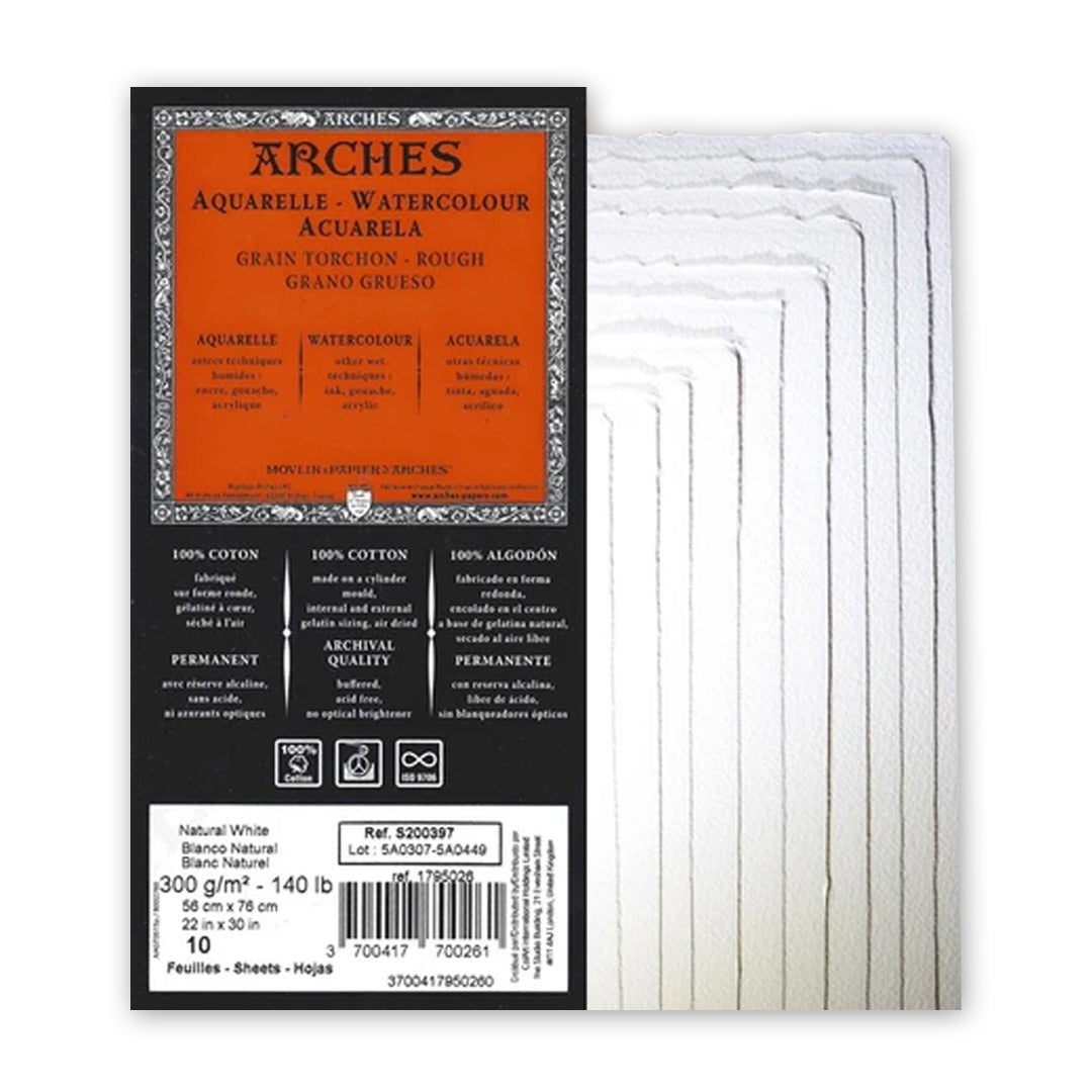 Arches Watercolour Rough Grain ( 4 deckle edges) Pack of 10 Sheets (GSM 300, (GSM 300, Size 56 cm x 76 cm)