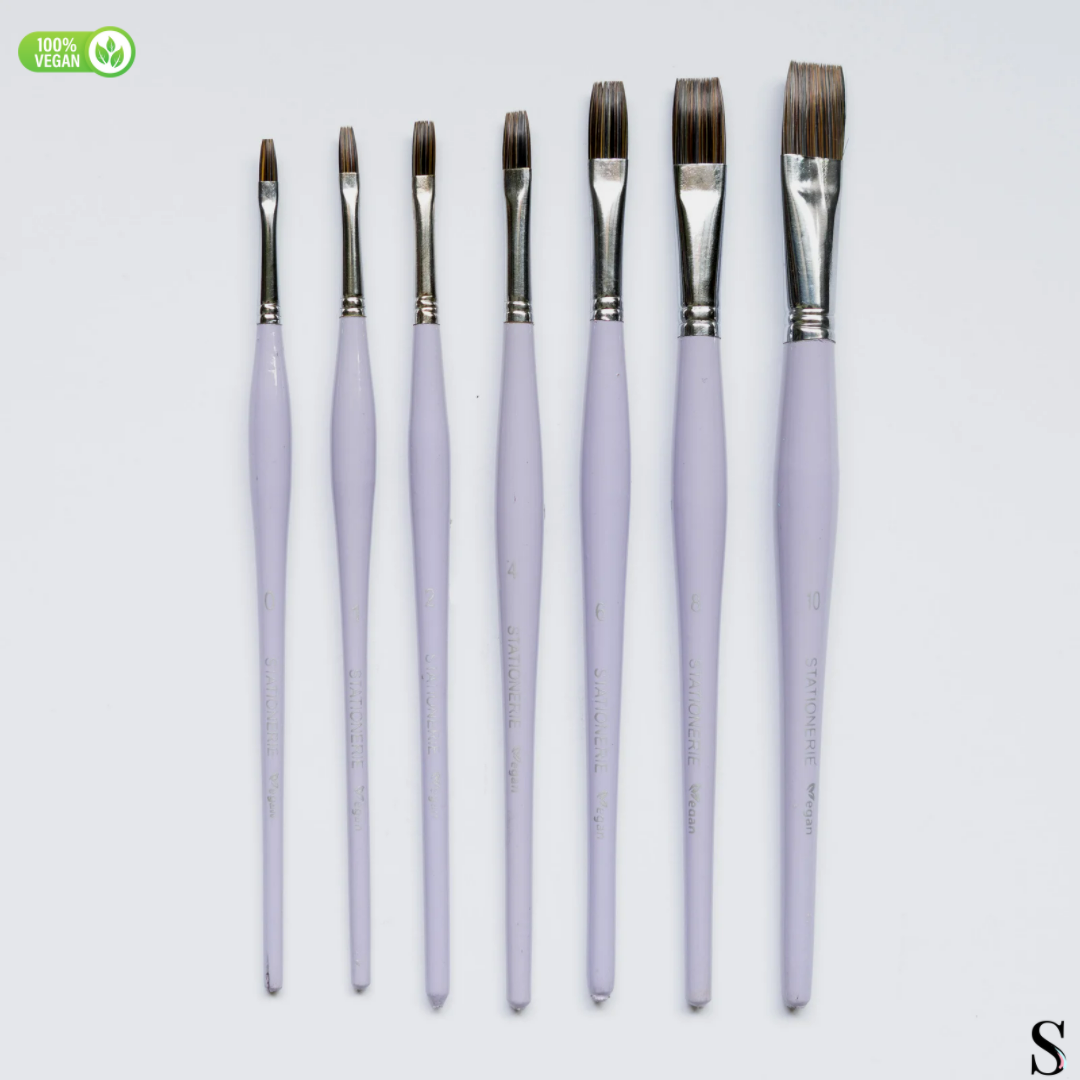 STATIONERIE HANDMADE FLAT SIGNATURE SYNTHETIC BRUSH SET 7 (Premium 2nd Gen Aquasync & Oval Handle)  Lavender Edition
