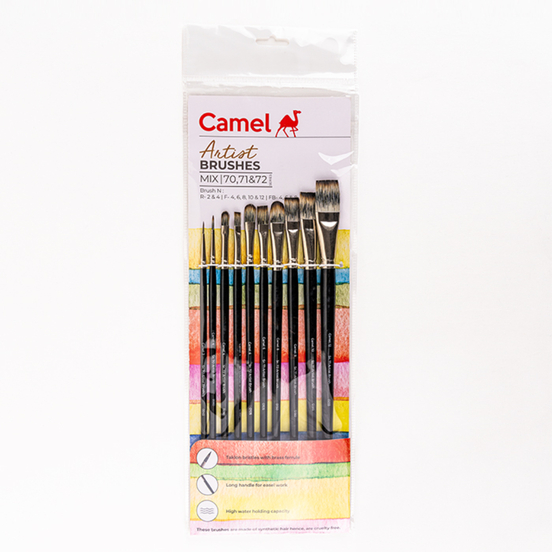 Camlin Kokuyo Artist Paint Brush Mix Series 70, 71 & 72   Round, Flat & Filbert Synthetic taklon Long Handle, Set of 10
