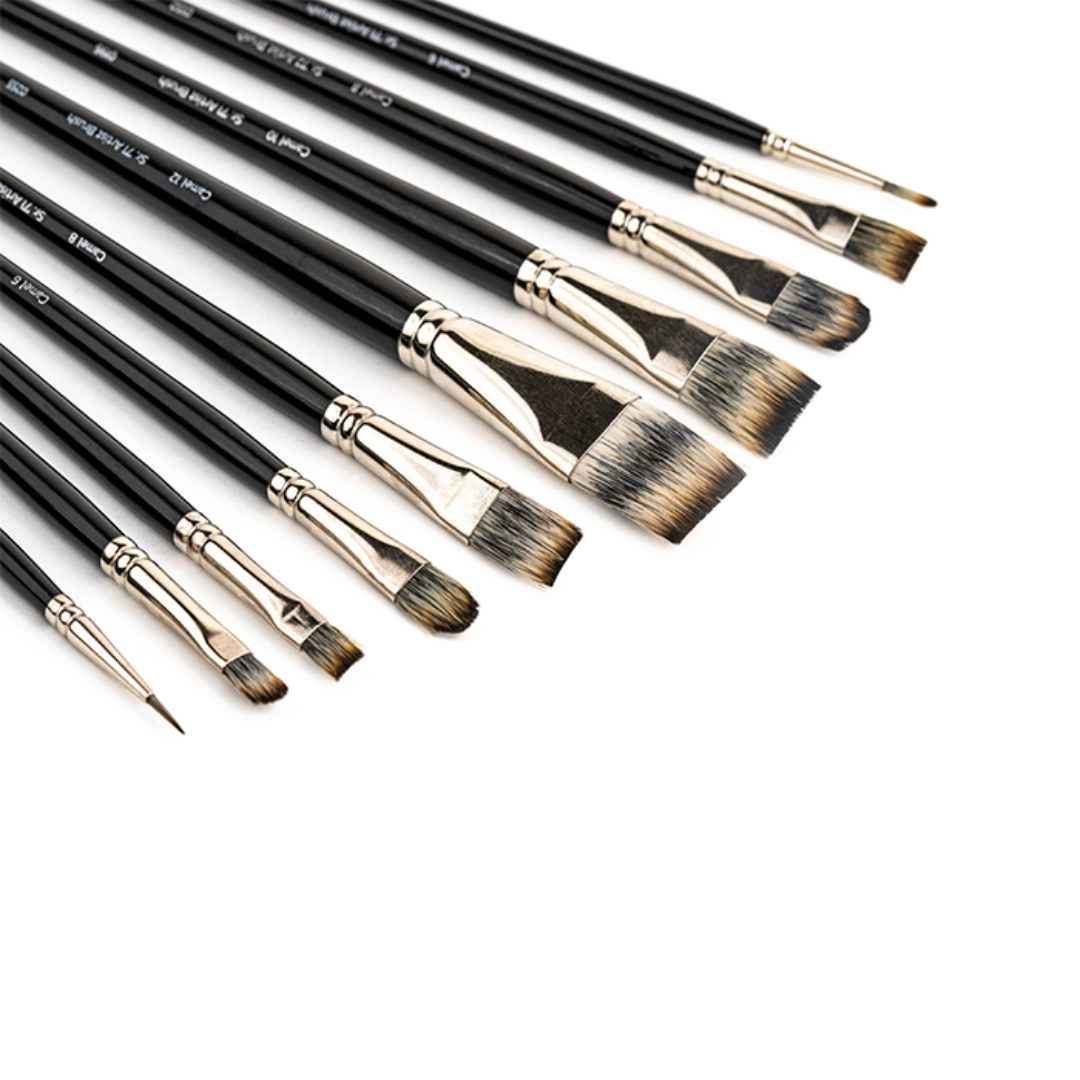 Camlin Kokuyo Artist Paint Brush Mix Series 70, 71 & 72   Round, Flat & Filbert Synthetic taklon Long Handle, Set of 10