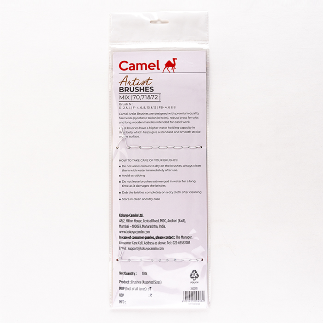 Camlin Kokuyo Artist Paint Brush Mix Series 70, 71 & 72   Round, Flat & Filbert Synthetic taklon Long Handle, Set of 10