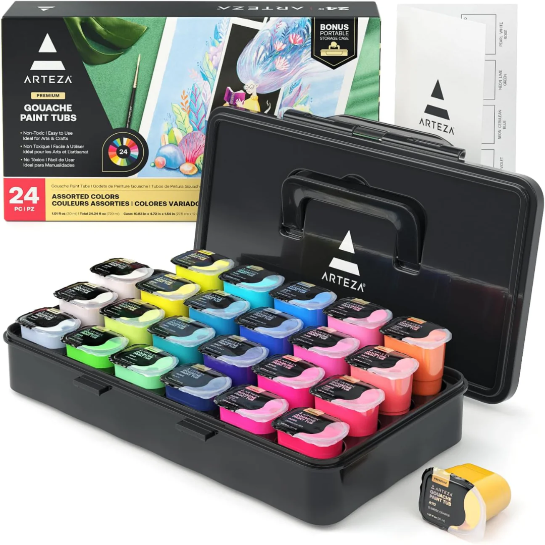 Arteza Gouache Paint Set of 24 Jelly Gouache Paints 30 ml 1 oz tubs Gouache Set for Canvas Paper and Wood