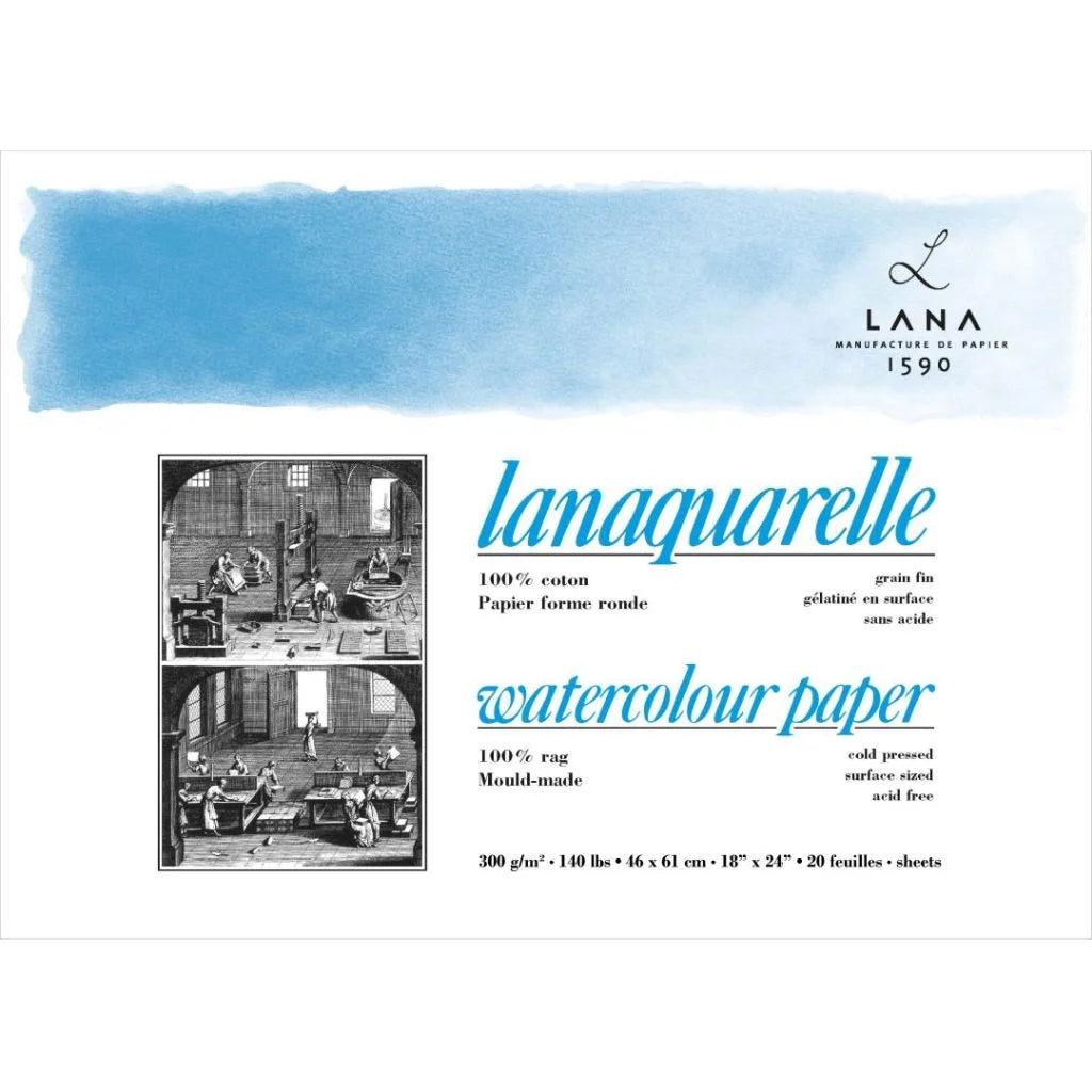 LANA ARTISTS' WATERCOLOUR   LANAQUARELLE   46 CM X 61 CM NATURAL WHITE FINE GRAIN / MATT SURFACE / COLD PRESS 300 GSM 100% COTTON PAPER, 4 SIDE GLUED PAD (BLOCK) OF 20 SHEETS
