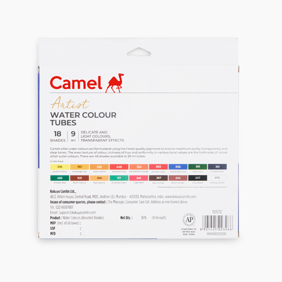 Camel  Artist  Water  Colours  Assorted  pack  of  tubes,  18  shades  in  9  ml
