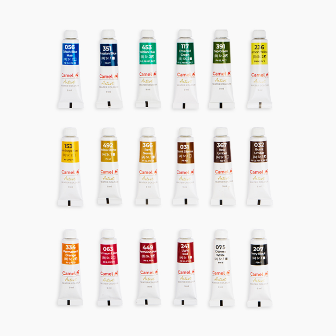 Camel  Artist  Water  Colours  Assorted  pack  of  tubes,  18  shades  in  9  ml