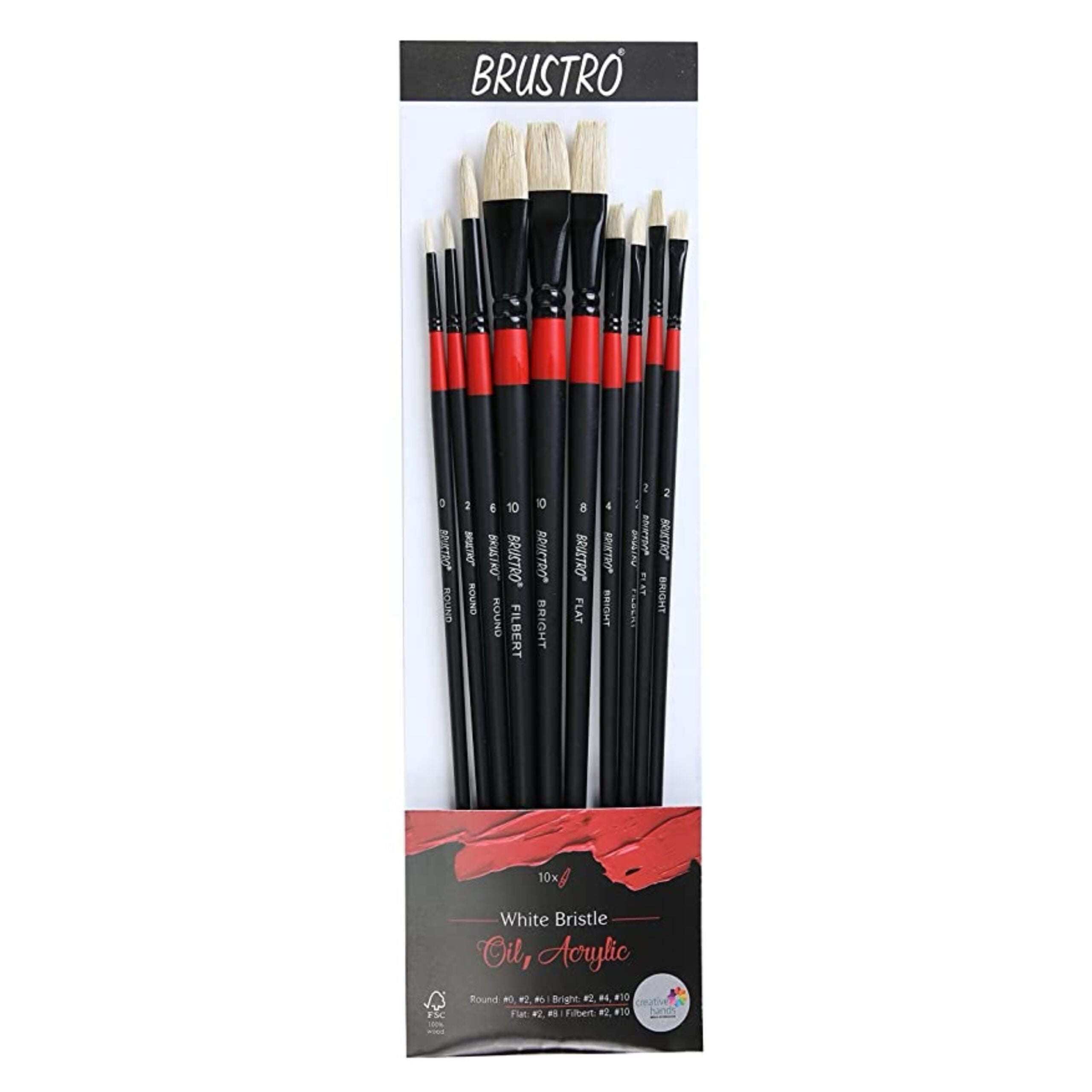 BRUSTRO Artists ’ White Bristle Set of 10 Brushes for Oil and Acrylic.