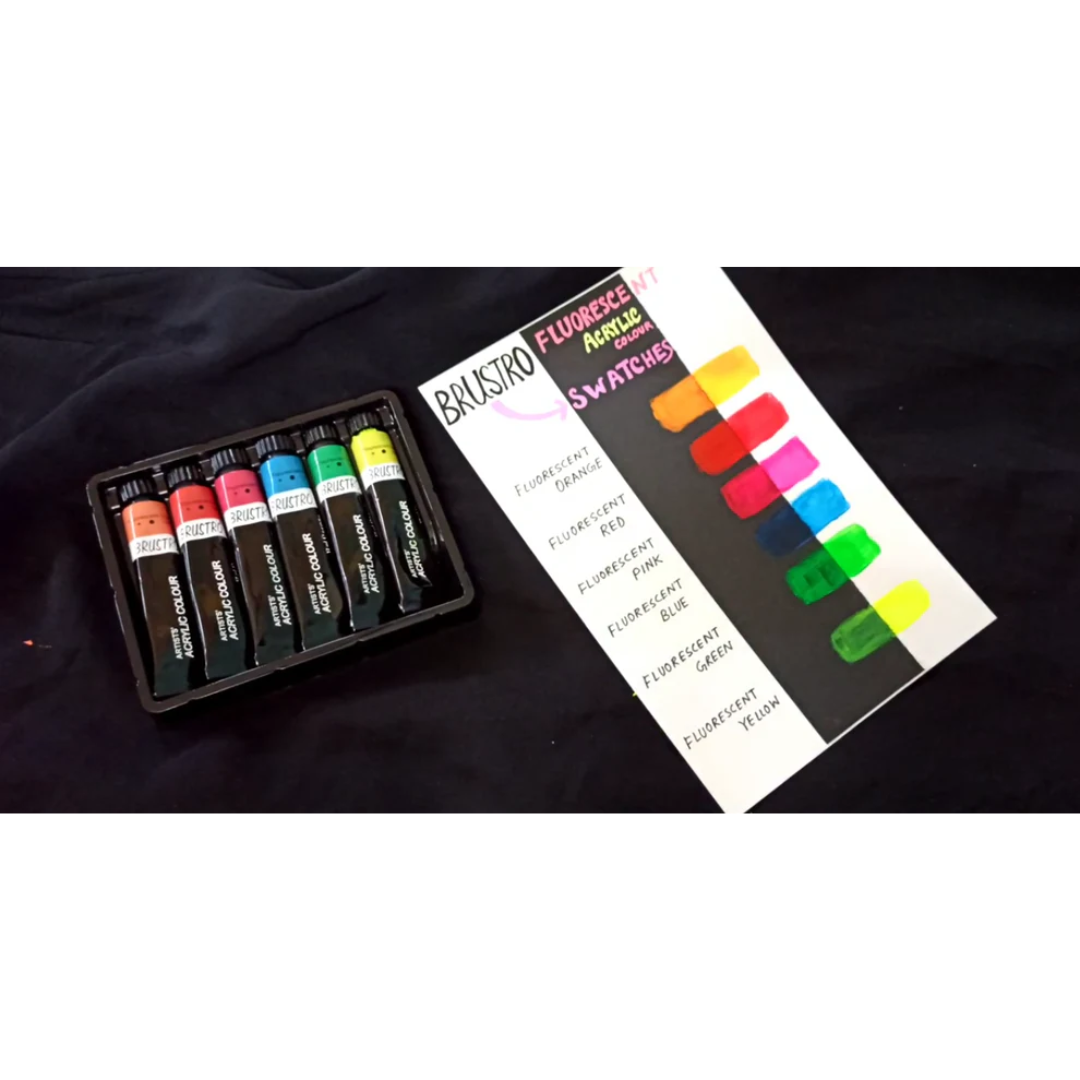 Brustro Artists Acrylic Colour Paint Set of 6 Fluorescent Colours x 12ml Tubes