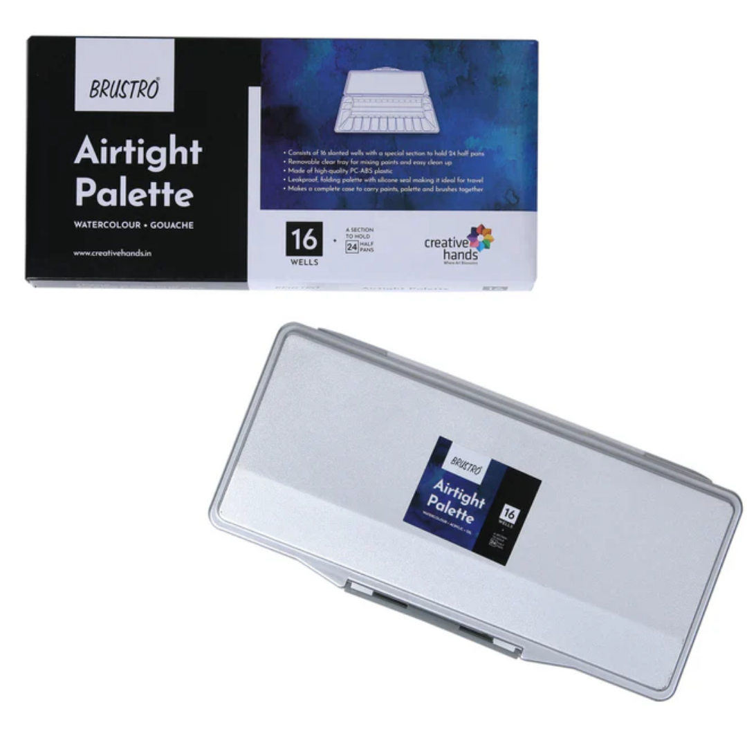 BRUSTRO Artists’ AIRTIGHT Palette 16 Wells for Watercolour and Gouache with a Special Section to Hold 24 Half Pans and a Removable Clear Tray
