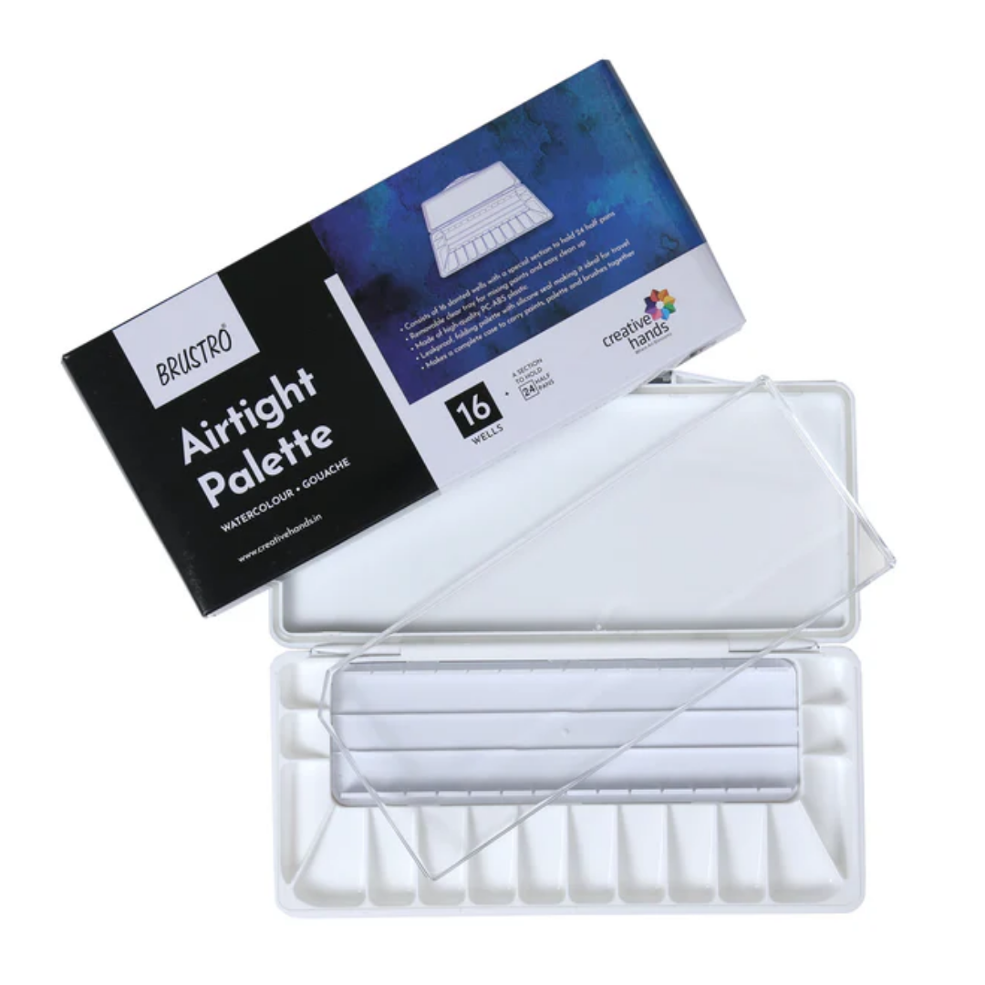 BRUSTRO Artists’ AIRTIGHT Palette 16 Wells for Watercolour and Gouache with a Special Section to Hold 24 Half Pans and a Removable Clear Tray