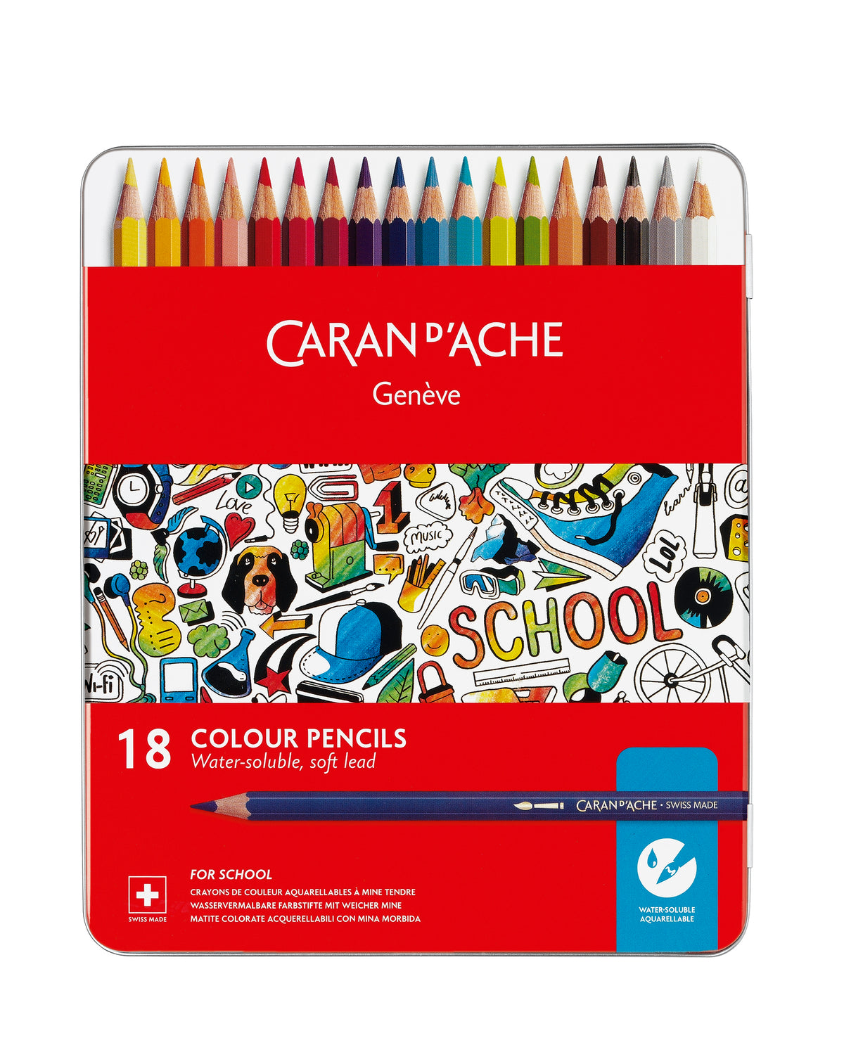 Caran d'Ache Water-Soluble Colour Pencils, 18 Shades Metal Box