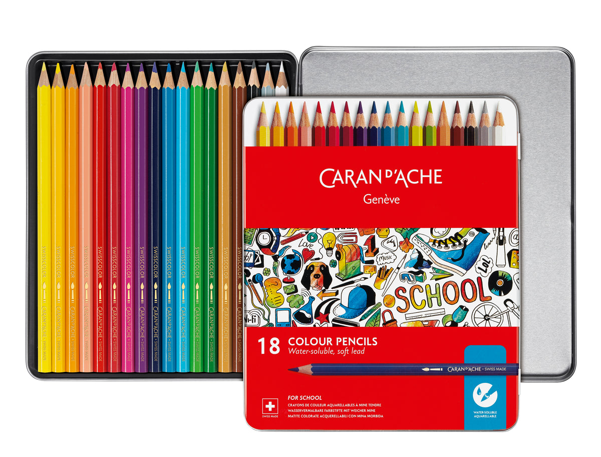 Caran d'Ache Water-Soluble Colour Pencils, 18 Shades Metal Box