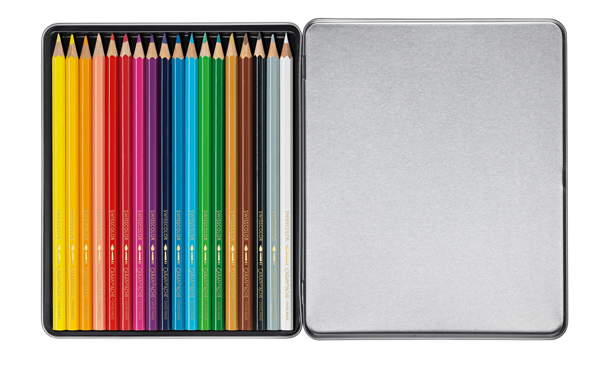 Caran d'Ache Water-Soluble Colour Pencils, 18 Shades Metal Box