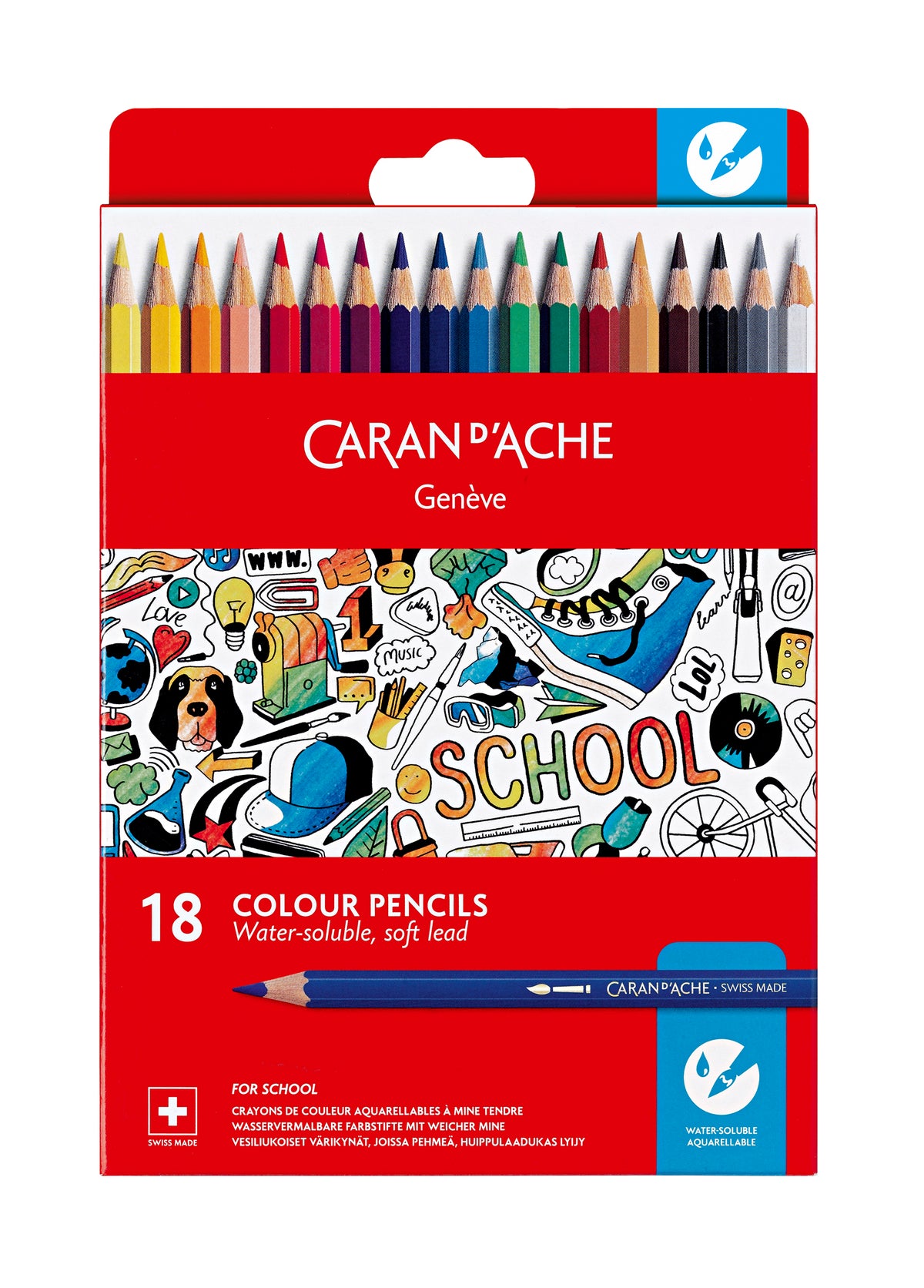 Caran d'Ache Water-Soluble Colour Pencils, 18 Shades Card Pack